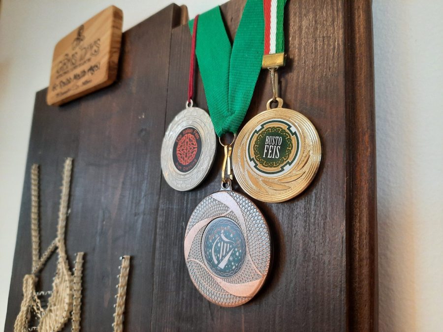 String art Irish dance shoes, with competition medals