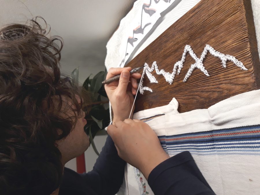 Castle string art: threading the mountains in the background