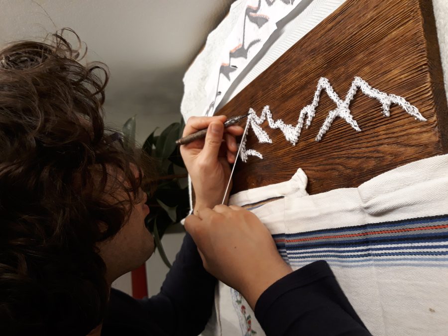 Castle string art: threading the mountains in the background