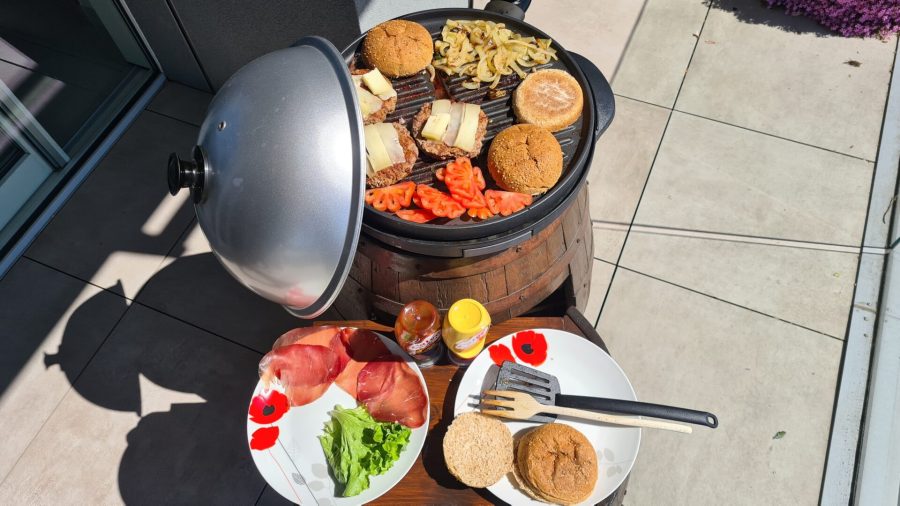 Restored old wine barrel: the barrel in use as a grill stand