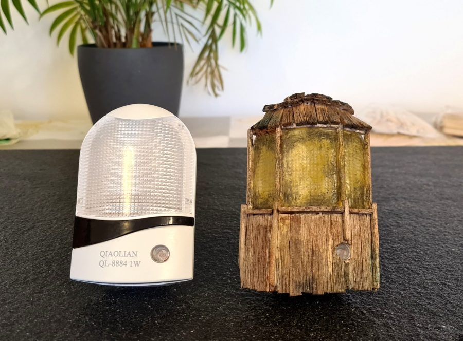 Night light decorated with wood to fake a window, before and after comparison