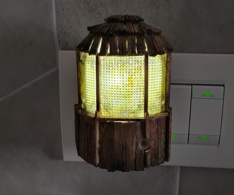 Night light decorated with wood to fake a window