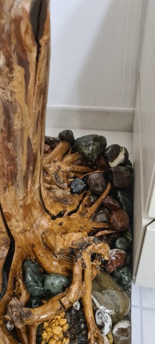 Real tree with epoxy resin stream pedestal