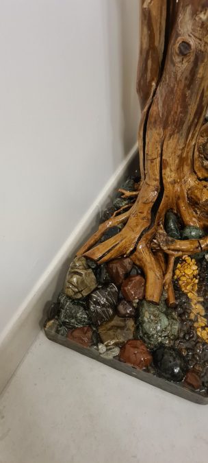Real tree with epoxy resin stream pedestal