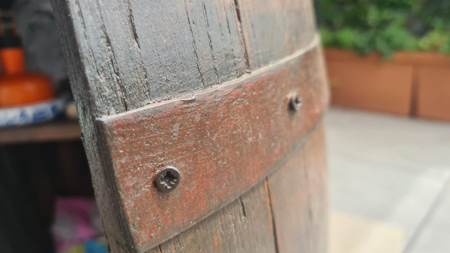 Restored old wine barrel: door detail