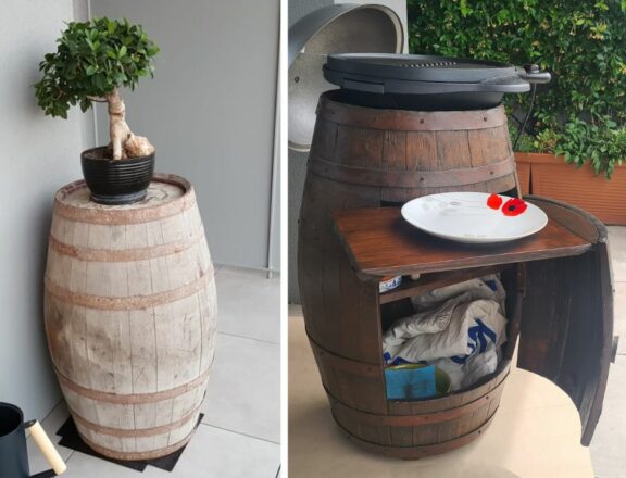Restoring an old wine barrel to make a grill stand: before and after