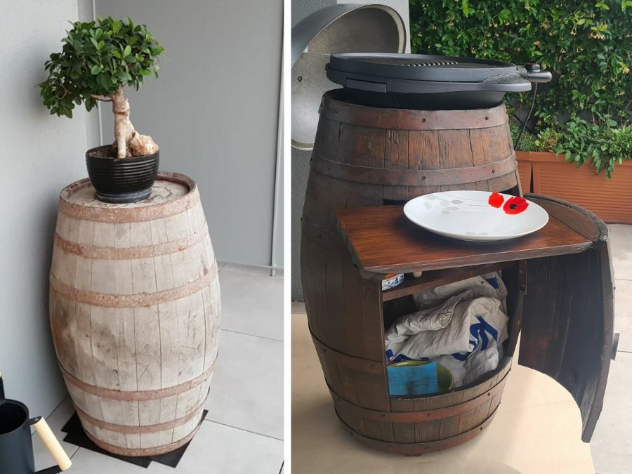 Restoring an old wine barrel to make a grill stand: before and after