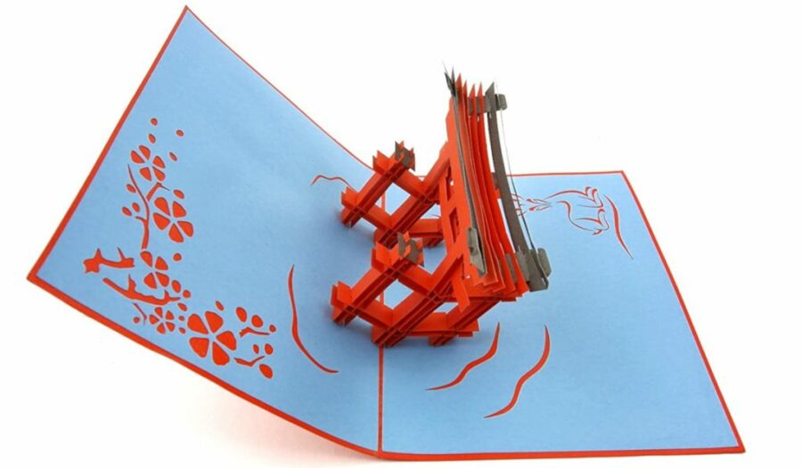 A kirigami pop-up card opening 180 degrees