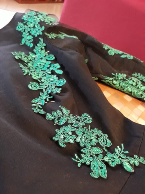 Making my Irish dance Solo dress: sewing lace on the bodice front