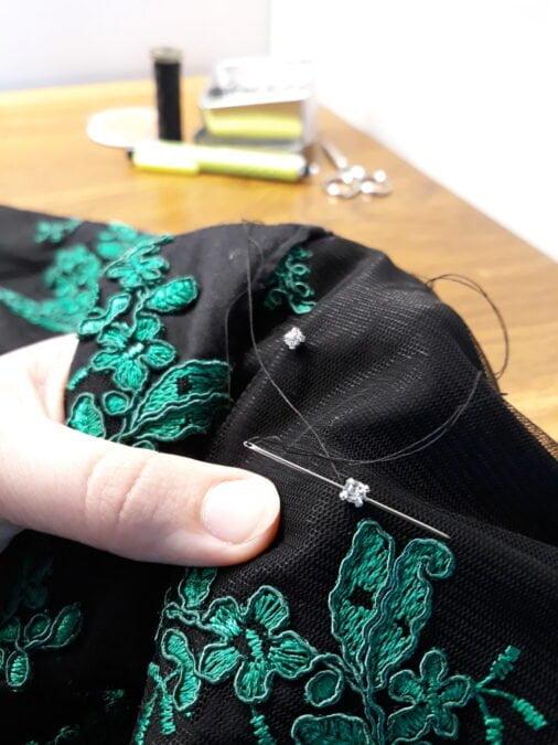 Making my Irish dance Solo dress: sewing crystals on the sleeves