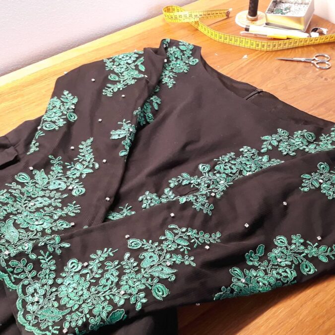 Making my Irish dance Solo dress: sewing crystals on the sleeves