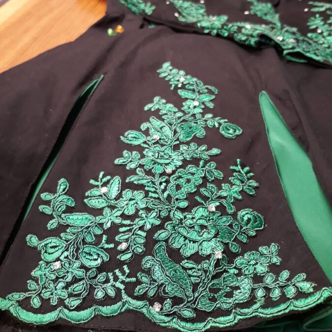 Making my Irish dance Solo dress: sewing crystals on the skirt