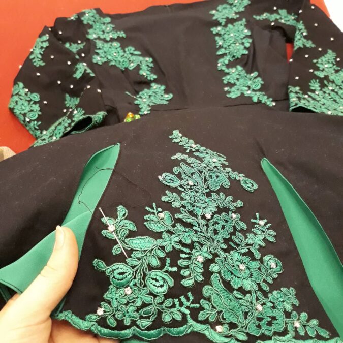 Making my Irish dance Solo dress: sewing crystals on the skirt