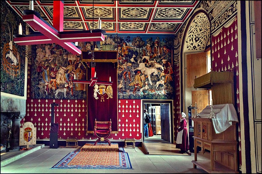 Queen's Inner Hall at Stirling Castle, with two of the reconstructed "Hunt of the Unicorn" tapestries