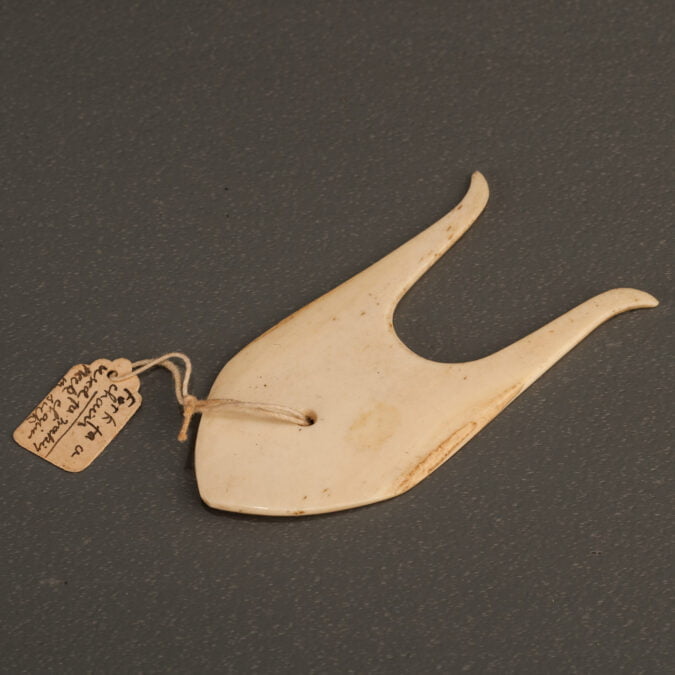 Victorian age bone lucet, with an old label describing its purpose as a tool to make chains or braids. Sold by Walpole Antiques, London