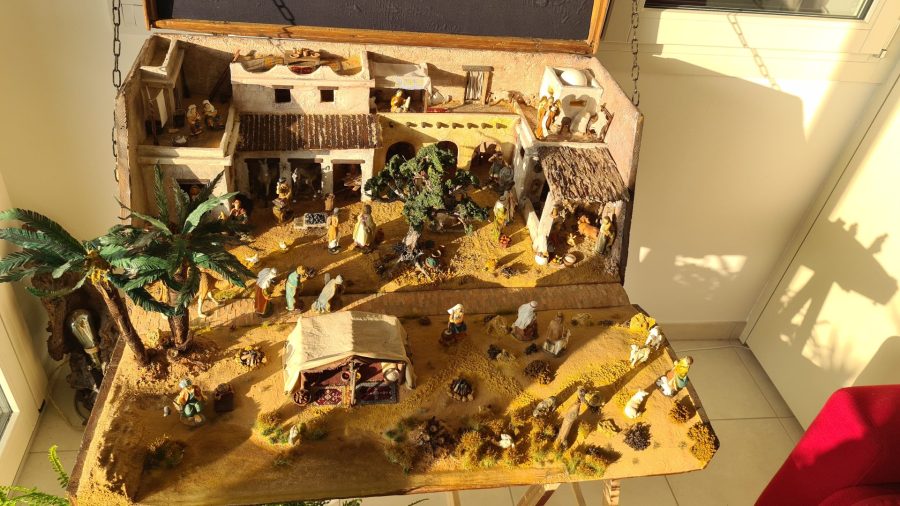 Nativity diorama inside an antique steamer trunk