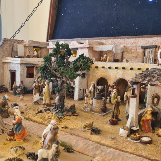 Nativity diorama inside an antique steamer trunk