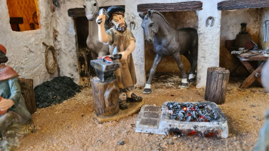 Nativity diorama inside an antique steamer trunk