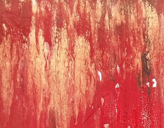 Acrylic pouring: Red and gold fall, detail