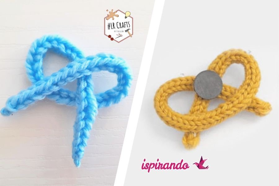 A Pretzel-shaped magnet idea from Ispirando.it and our own lucetted version: easy to make with a lucet or crochet hook