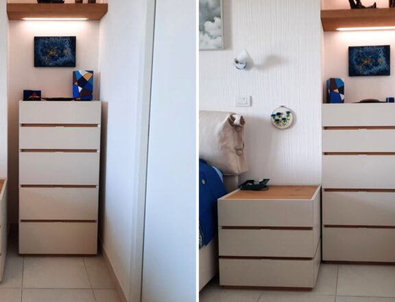 Open shelving addition to a chest of drawers, before and after comparison