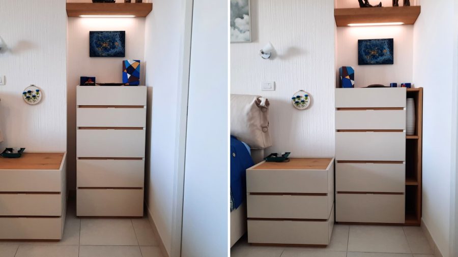 Open shelving addition to a chest of drawers, before and after comparison