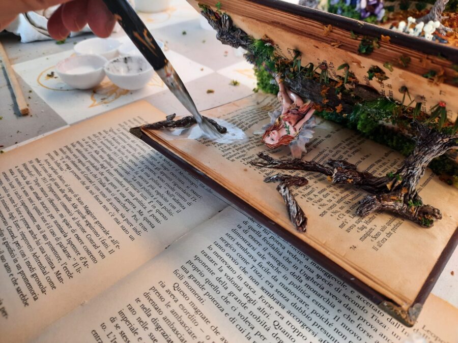 Making a fairy tale book diorama: adding leaves to the trees