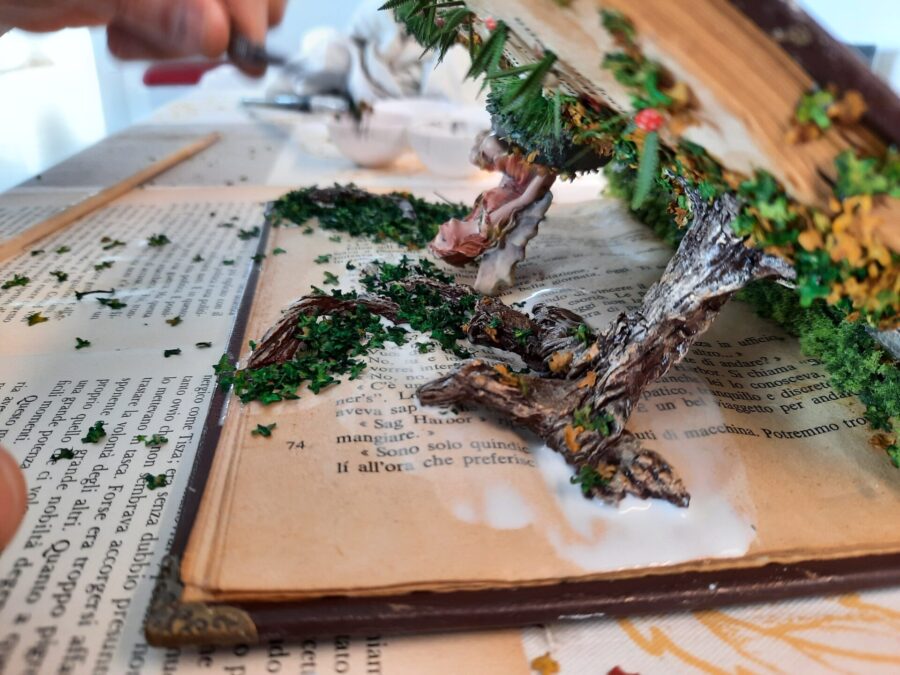 Making a fairy tale book diorama: adding leaves to the trees