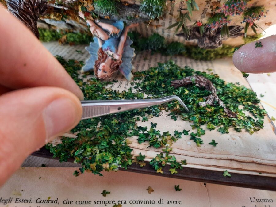 Making a fairy tale book diorama: adding leaves to the trees