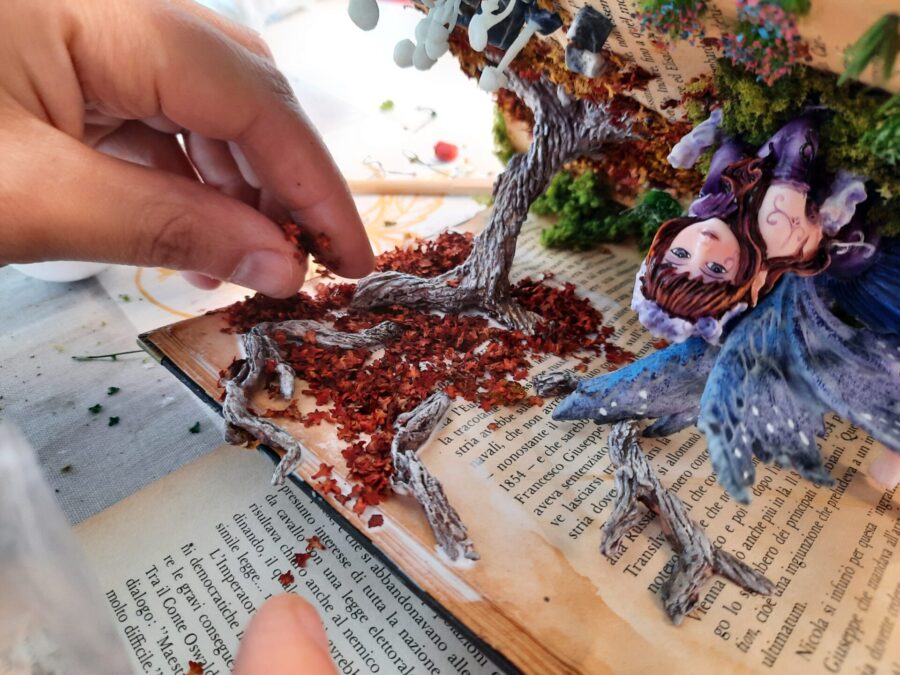 Making a fairy tale book diorama: adding leaves to the trees