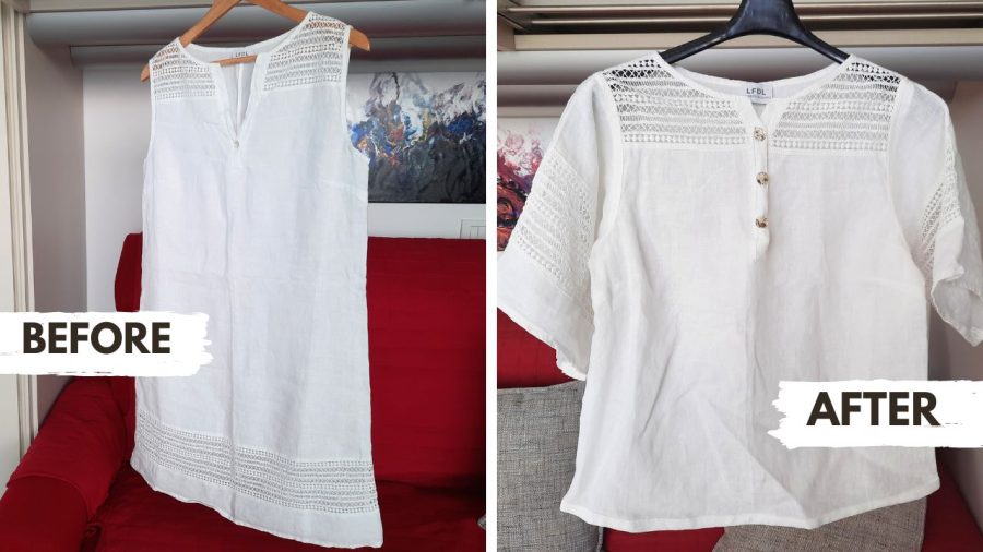 Transforming a thrifted linen caftan into a shirt: before and after