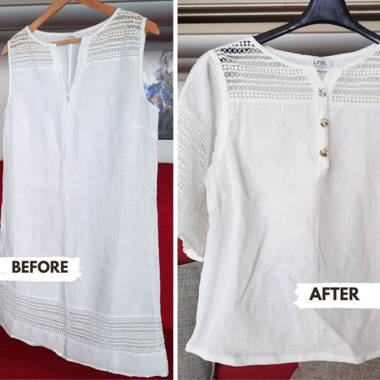 Transforming a thrifted linen caftan into a shirt: before and after