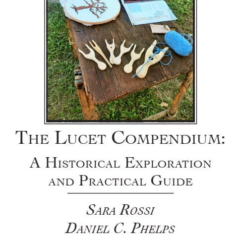 "The Lucet Compendium: a historical exploration and practical guide", book by Sara Rossi and Daniel Craig Phelps about the history of the lucet with practical guidance for modern crafters. Detail of the cover.