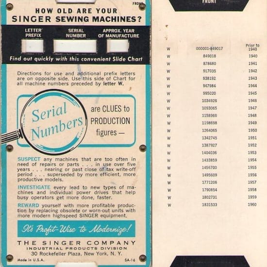 Singer serial number slide chart to date a machine by its serial number. Front side.