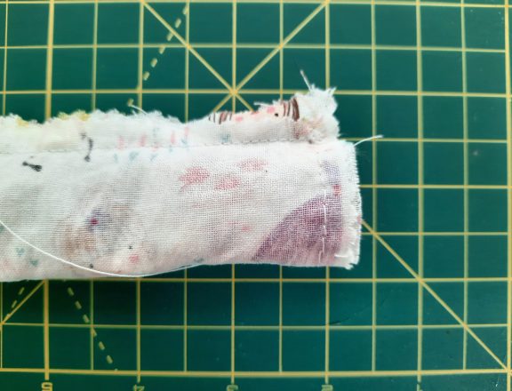 Sewing a scrunchie: stitch along the short sides, all the way around to close