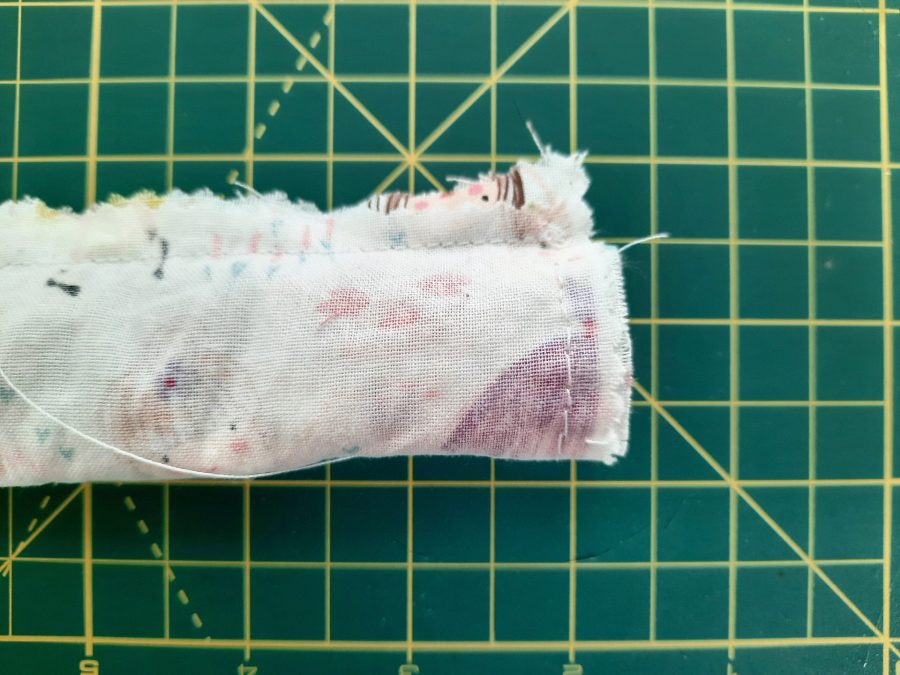 Sewing a scrunchie: stitch along the short sides, all the way around to close