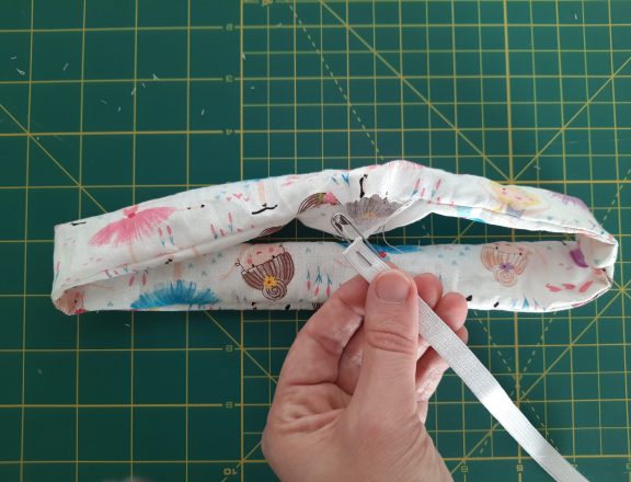 Sewing a scrunchie: use the opening at the bottom to insert elastic