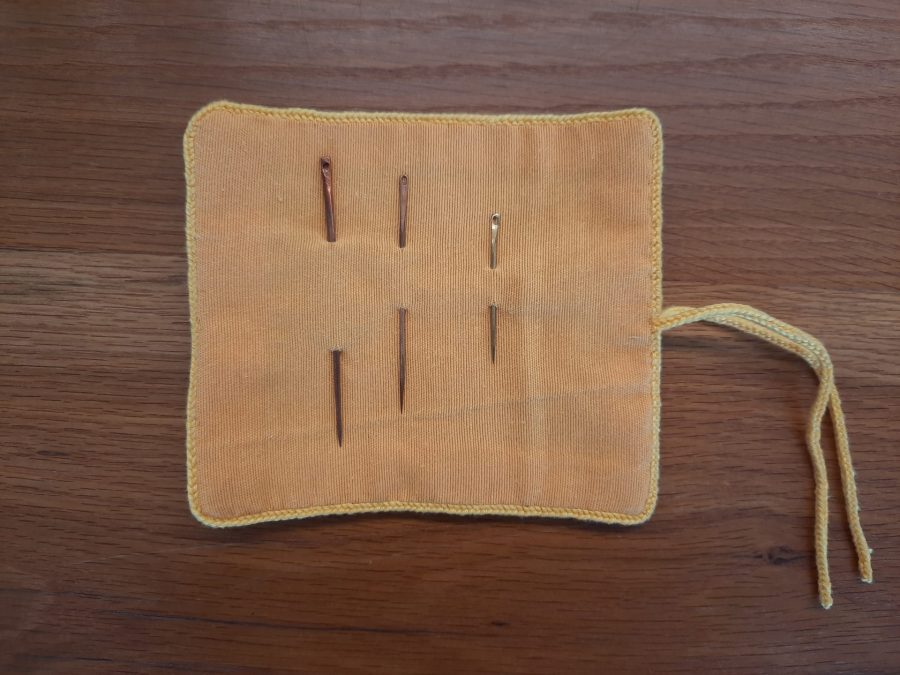 Brick stitch embroidered needle roll for Medieval reenactment