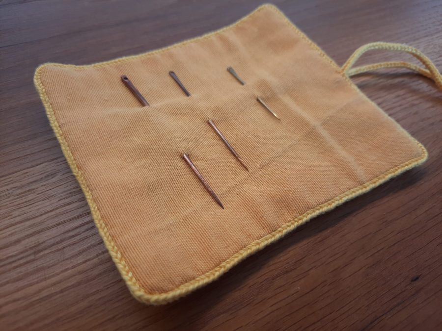 Brick stitch embroidered needle roll for Medieval reenactment