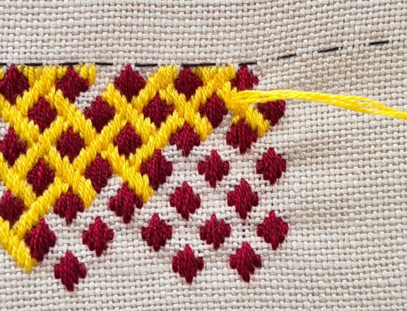 Brick stitch embroidered needle roll: a sample