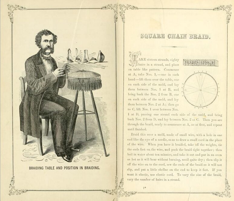An illustration of the author braiding, sitting at a table with a domed top