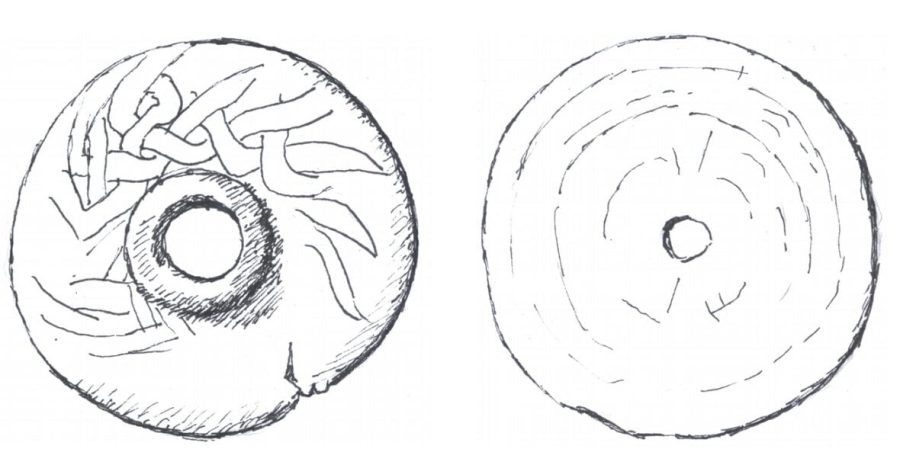 Illustrations of two antler discs from Trelleborg. Drawn by Shelagh Lewins, from plate L in Nørlund, Poul, "Trelleborg", Nordisce Fortidsminder, København I, 1948