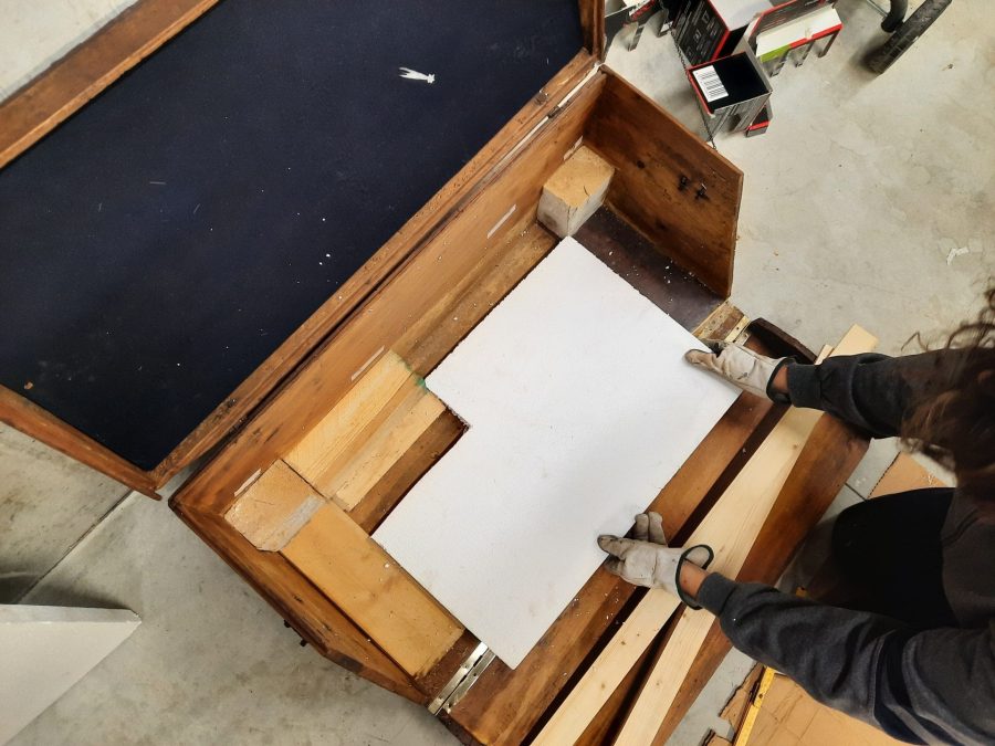 Making the landscape for our Christmas nativity diorama inside the steamer trunk