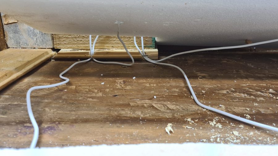 Making the landscape for our Christmas nativity diorama inside the steamer trunk: the electric wiring