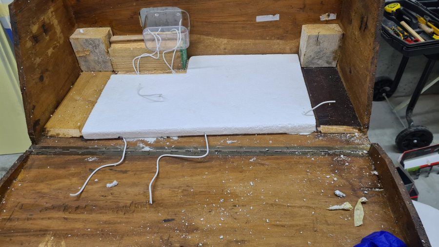 Making the landscape for our Christmas nativity diorama inside the steamer trunk: the electric wiring