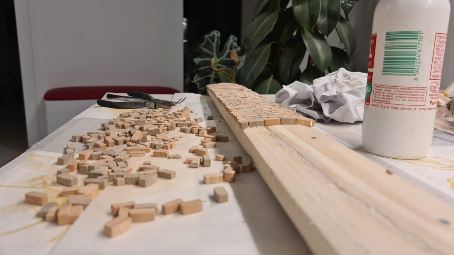 Constructing the Roman road for our Christmas nativity diorama inside the steamer trunk