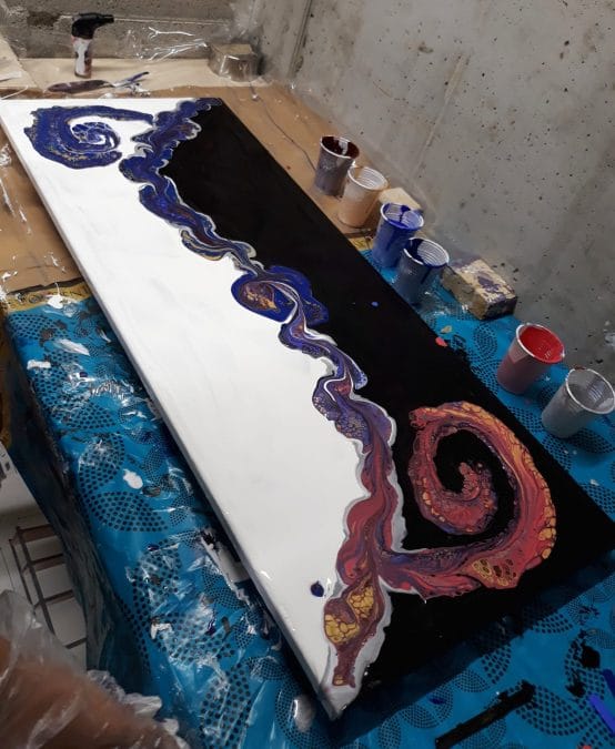 How we made an acrylic pour using the funnel technique. Two funnels, a straw for control, and a blowtorch for amazing cells.