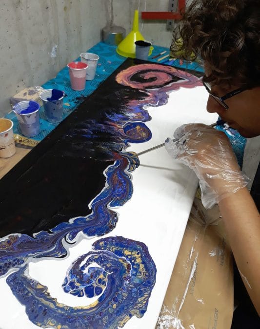 How we made an acrylic pour using the funnel technique. Two funnels, a straw for control, and a blowtorch for amazing cells.