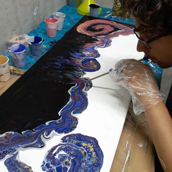 How we made an acrylic pour using the funnel technique. Two funnels, a straw for control, and a blowtorch for amazing cells.