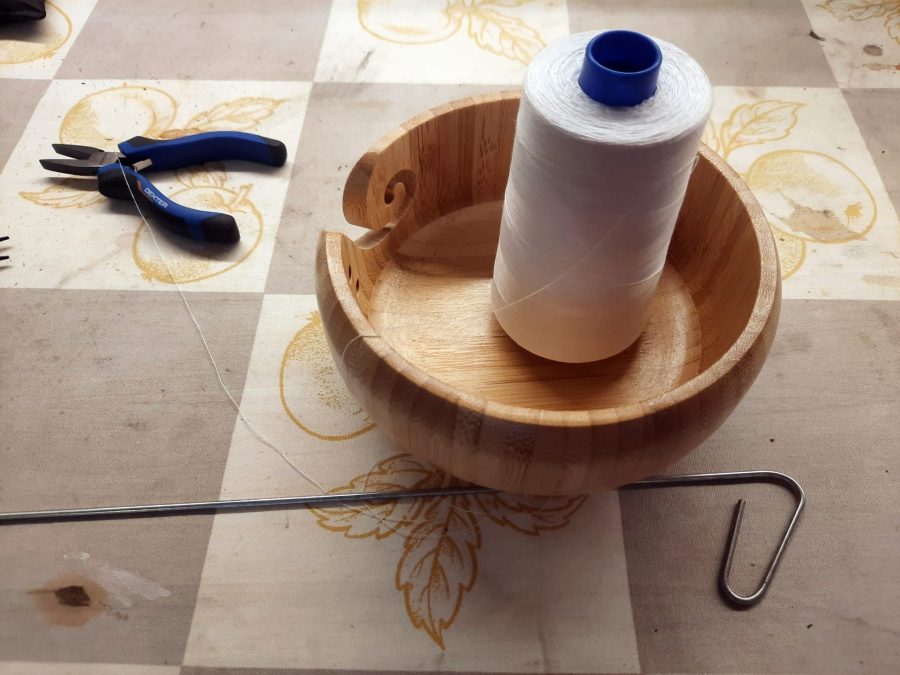 Adding a cone thread stand to a yarn bowl: the pieces ready for assembly